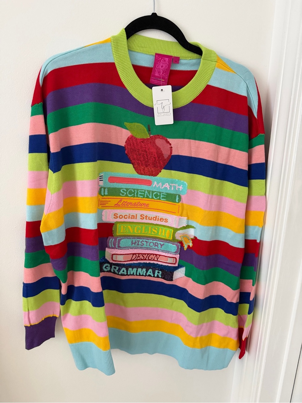 Queen of Sparkles’ Multi Striped School Books and Apple Sweater
